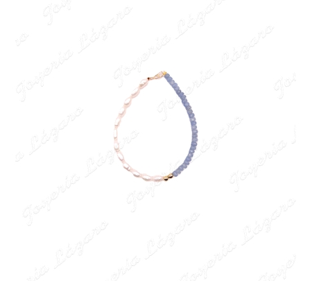 PULSERA ORO 18 KTS COMUNION PERLAS+CRISTALES AZULES