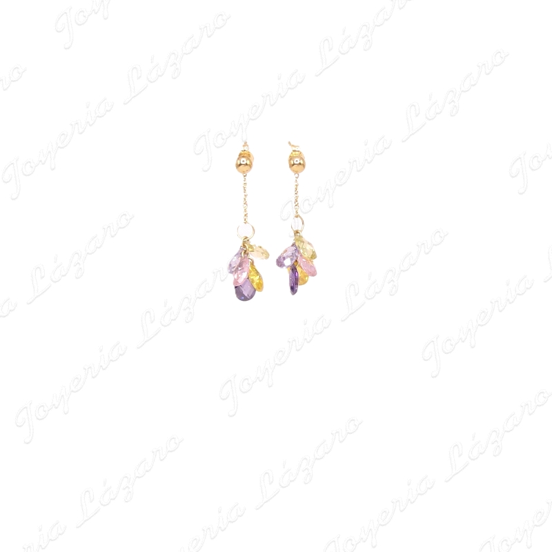 PENDIENTES LARGOS 18KTS PRES. RAMILLETE MULTICOLOR CRISTALES BRIOLLE