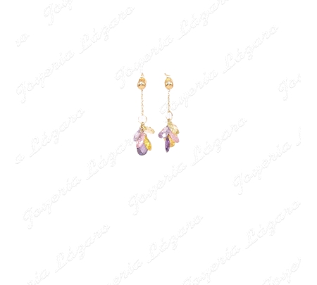 PENDIENTES LARGOS 18KTS PRES. RAMILLETE MULTICOLOR CRISTALES BRIOLLE