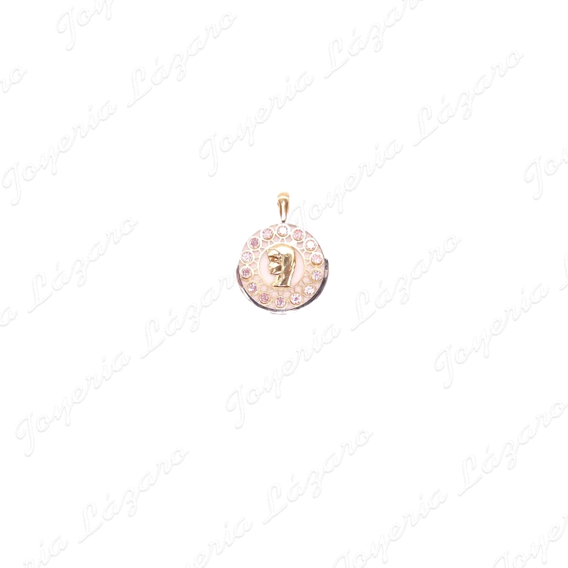 MEDALLA ORO 18 KTS  VIRGEN NIÑA 18MM CIRCO. ROSA CALADA