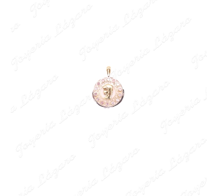 MEDALLA ORO 18 KTS  VIRGEN NIÑA 18MM CIRCO. ROSA CALADA