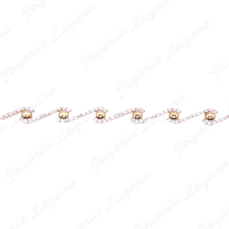 PULSERA 18KTS BICOLOR CIRCONITAS EN ONDAS+BOTONES