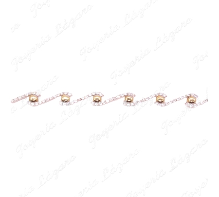 PULSERA 18KTS BICOLOR CIRCONITAS EN ONDAS+BOTONES