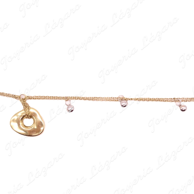 PULSERA SRA.ORO 18KTS BICOLOR,FETICHE COLGADO+BOLAS.CADENA DOBLE