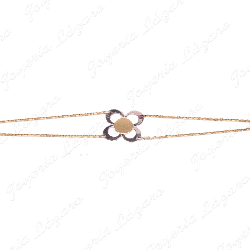 PULSERA ORO SRA.18KTS BICOLOR,CADENA DOBLE,FLOR 4 PETALOS