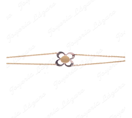 PULSERA ORO SRA.18KTS BICOLOR,CADENA DOBLE,FLOR 4 PETALOS