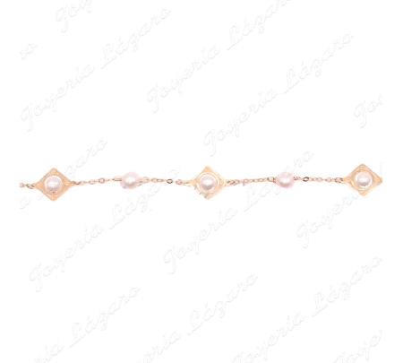 PULSERA ORO 18KTS PERLAS + JAULA CUADRADO