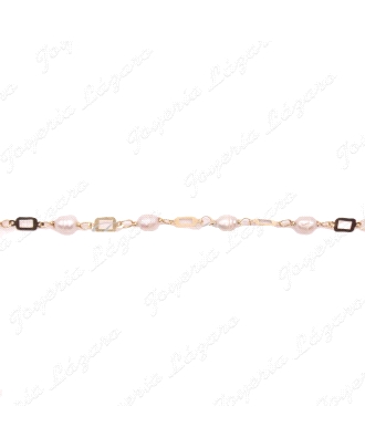 PULSERA ORO 18KTS  PERLAS + CUADRADITOS CALADOS