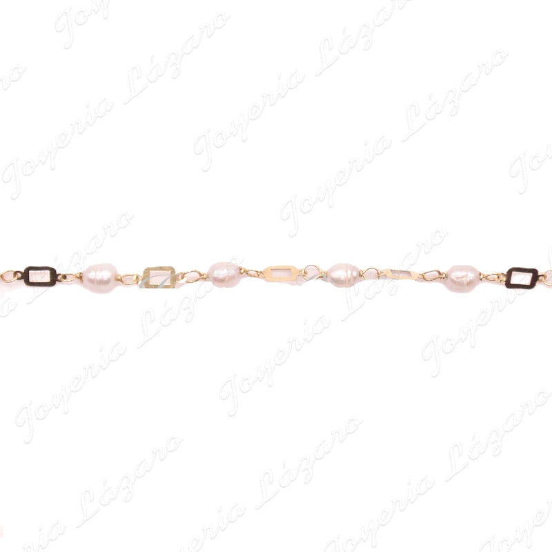 PULSERA ORO 18KTS  PERLAS + CUADRADITOS CALADOS