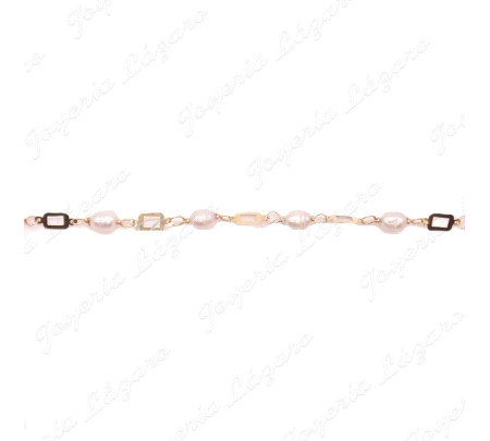 PULSERA ORO 18KTS  PERLAS + CUADRADITOS CALADOS