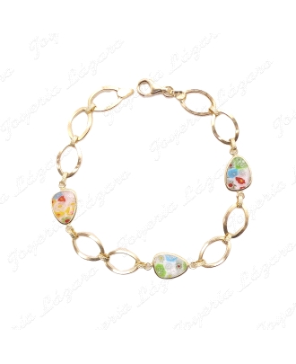 PULSERA ORO 18 KTS ESLABONES CON FLORECITAS COLORES EN CRISTAL                                      