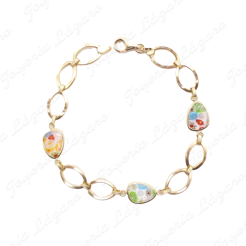 PULSERA ORO 18 KTS ESLABONES CON FLORECITAS COLORES EN CRISTAL                                      