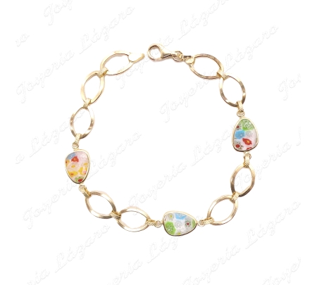 PULSERA ORO 18 KTS ESLABONES CON FLORECITAS COLORES EN CRISTAL                                      