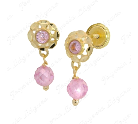 ORO 18 KTS PEND. TORN. CUBANA CRISTAL BOLA ROSA                                                     