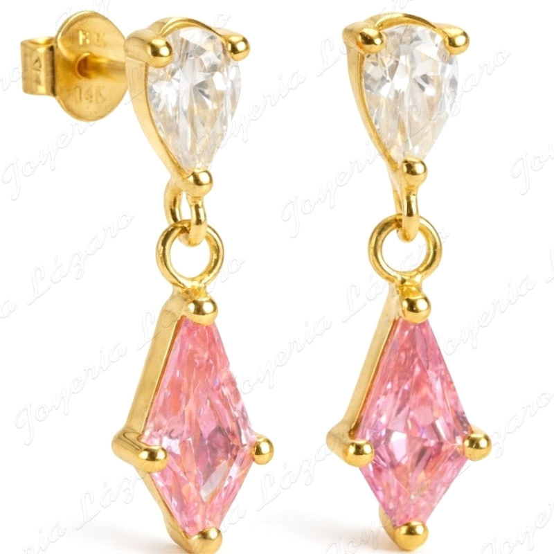 PEND. LARGOS ORO 18 KTS COMETA 12MM PIEDRA ROSA 7X4MM,                                              