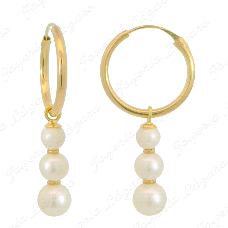 PEND. AROS ORO 18 KTS TUBO 17X1.5MM 3 PERLAS 3.4 Y 5MM SEPARADOR                                    