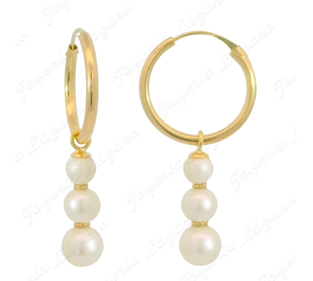PEND. AROS ORO 18 KTS TUBO 17X1.5MM 3 PERLAS 3.4 Y 5MM SEPARADOR