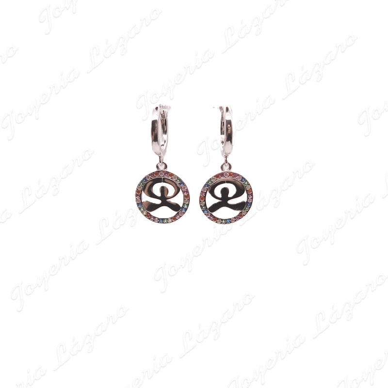 PEND. AROS PLATA CON INDALOS EN CERCO Y CIRCONITAS MULTICOLOR                                       