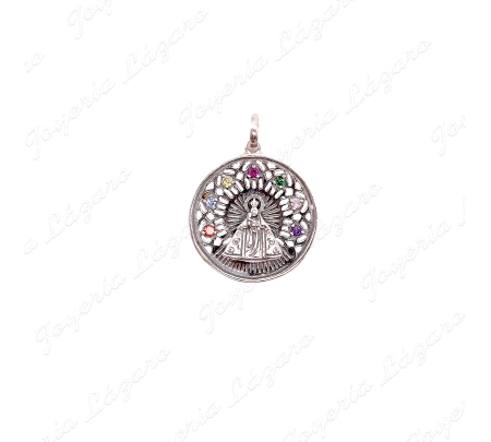 MEDALLA PLATA 25MM VIRGEN DEL MAR ALMERIA CON CIRCONITAS COLORES