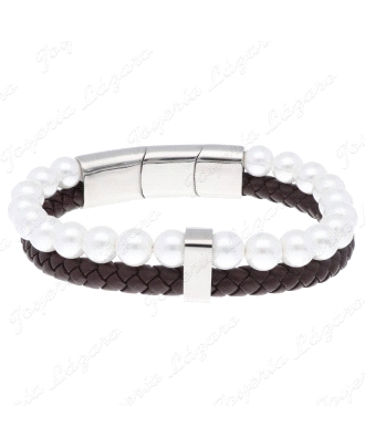 PULSERA ACERO, PIEL Y PERLAS 8MM