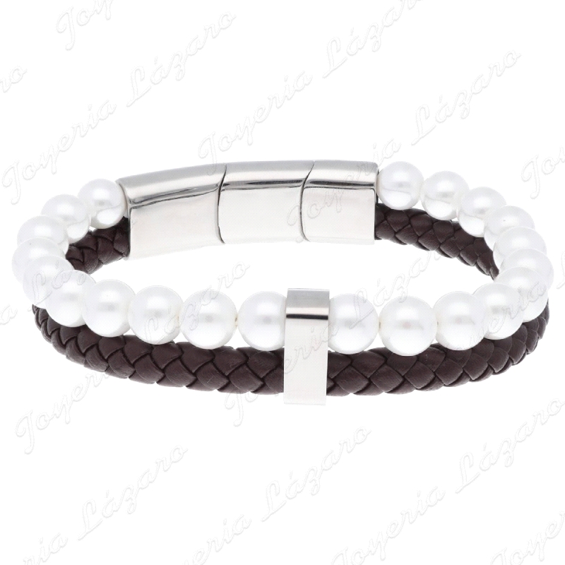 PULSERA ACERO, PIEL Y PERLAS 8MM                                                                    