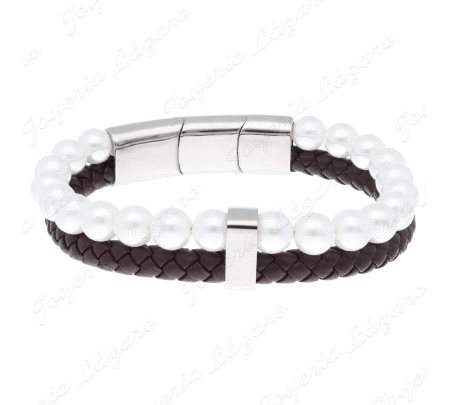 PULSERA ACERO, PIEL Y PERLAS 8MM