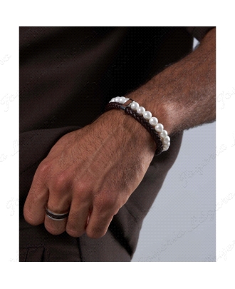 PULSERA ACERO, PIEL Y PERLAS 8MM