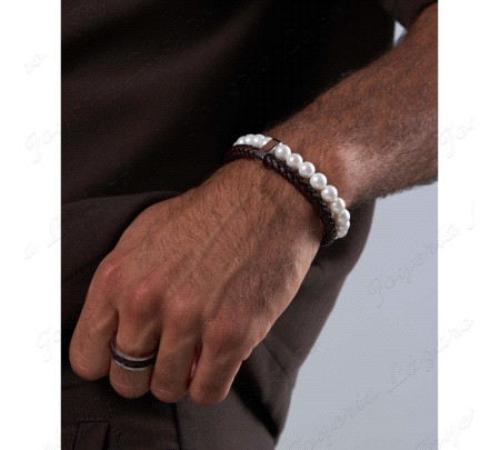 PULSERA ACERO, PIEL Y PERLAS 8MM