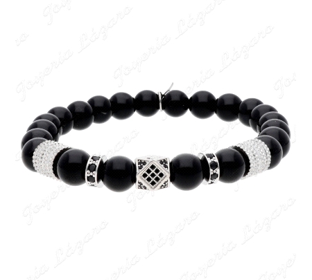 PULSERA ELASTICO ACERO DORADO CUBO CENTRO+BLACK AGATA