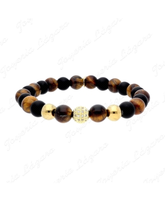PULSERA PIEDRAS NATURALES OJO DE TIGRE 8MM EN ELASTICO + ACERO DORADO