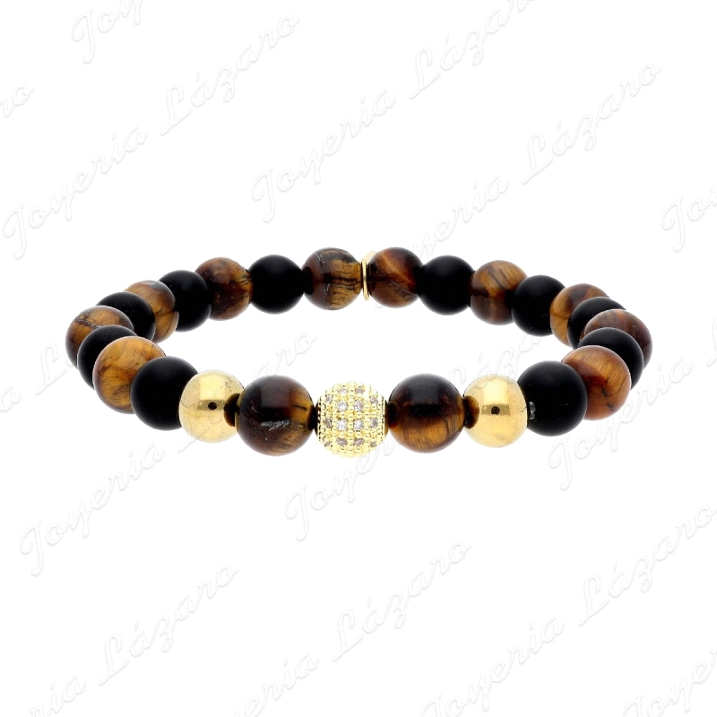 PULSERA PIEDRAS NATURALES OJO DE TIGRE 8MM EN ELASTICO + ACERO  DORADO                              
