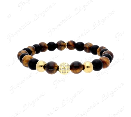 PULSERA PIEDRAS NATURALES OJO DE TIGRE 8MM EN ELASTICO + ACERO DORADO