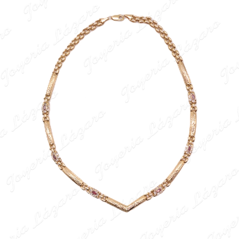 GARGANTILLA ORO 18KT SEMINUEVA  CHAPAS+ ROSETONES CIRCO+RUBI CENTRO BO                              