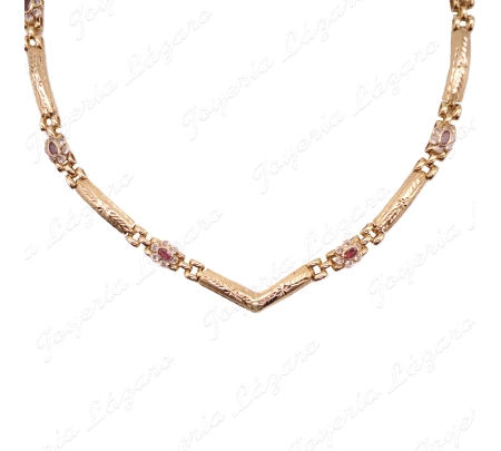 GARGANTILLA ORO 18KT SEMINUEVA  CHAPAS+ ROSETONES CIRCO+RUBI CENTRO BO