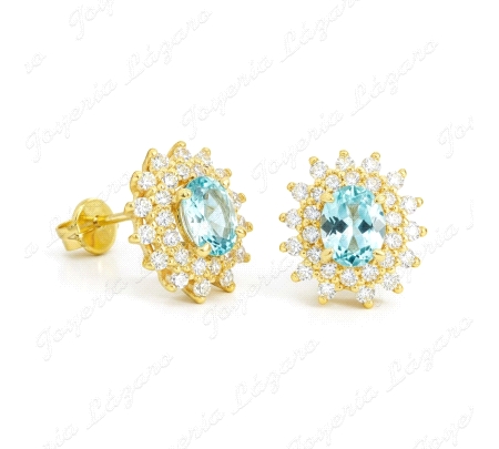 PEND. ORO 9 KTS ROSETON CIRCOS+CIRCO AGUAMARINA 5X4MM PRESION                                       