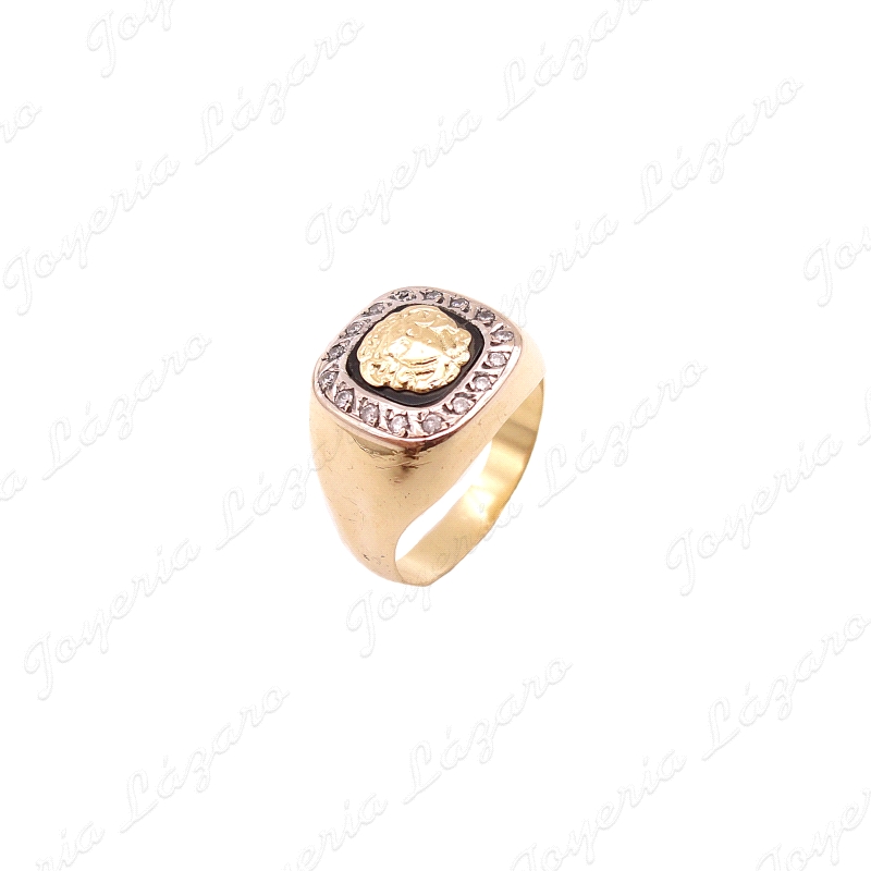 SORTIJA ORO 18KT SEMINUEVO SELLO BICOLOR MEDUSA+ONIX CERCO CIRCONITAS                               