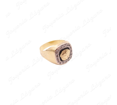 SORTIJA ORO 18KT SEMINUEVO SELLO BICOLOR MEDUSA+ONIX CERCO CIRCONITAS