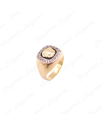 SORTIJA ORO 18KT SEMINUEVO SELLO BICOLOR MEDUSA+ONIX CERCO CIRCONITAS 