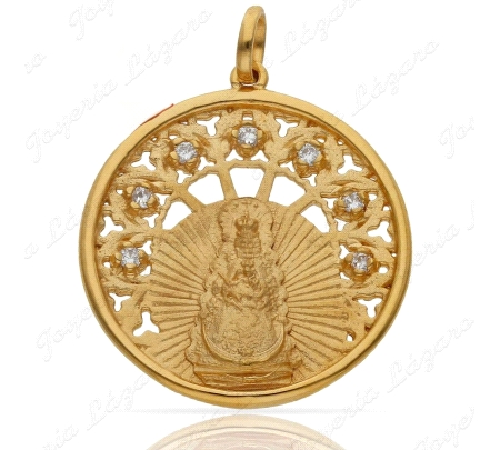 MEDALLA PLATA CAHAPADA ORO 30MM VIRGEN DEL ROCIO CALADA+AURA CIRCONITA                              