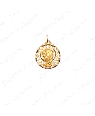 MEDALLA ORO 18 KTS VIRGEN NIÑA 19mm FONDO CALADO FILO FORMA
