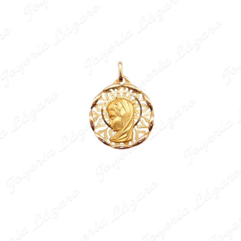 MEDALLA ORO 18 KTS VIRGEN NIÑA 19mm FONDO CALADO FILO FORMA                                         