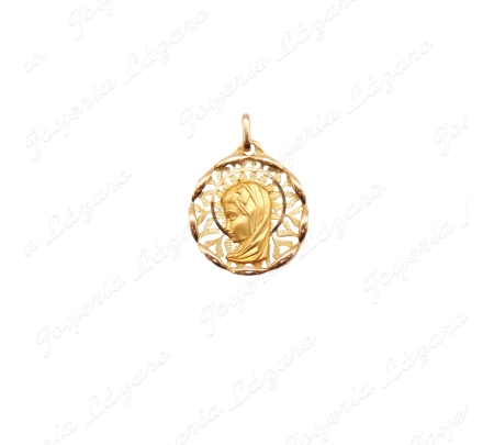 MEDALLA ORO 18 KTS VIRGEN NIÑA 19mm FONDO CALADO FILO FORMA